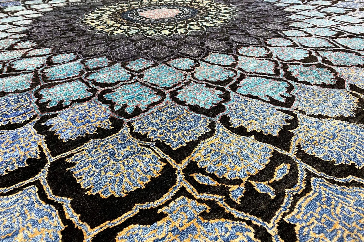 Carpet surface with a blue ornamental field, black background, and fine gold details