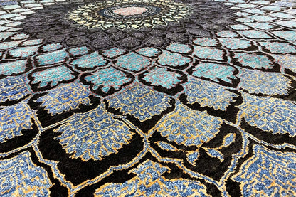 Carpet surface with a blue ornamental field, black background, and fine gold details