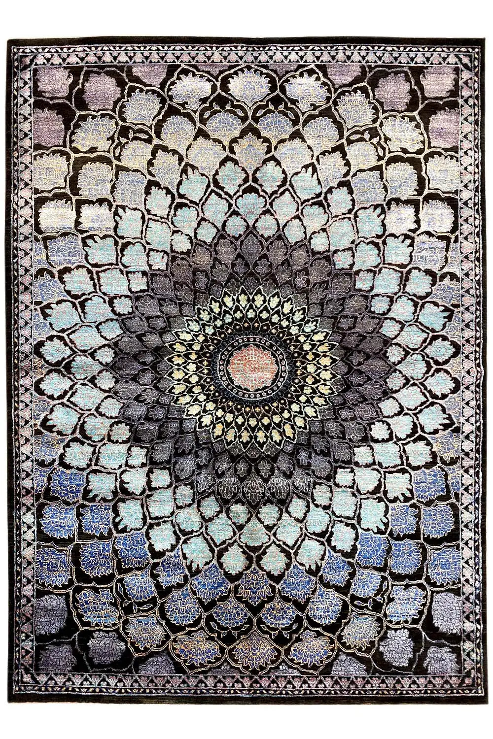 Rug with an oriental pattern: black background, blue-purple accents, central medallion