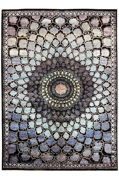 Rug with an oriental pattern: black background, blue-purple accents, central medallion