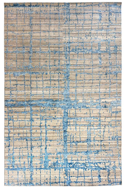Designer rug 310x197 cm with blue and beige grid design, rectangular