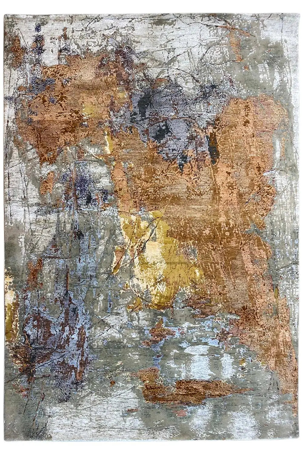 Designer rug with an abstract mottled pattern in brown, blue, and gray, rectangular