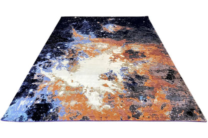 Designer rug, flatweave, abstract pattern in blue, orange, and gray