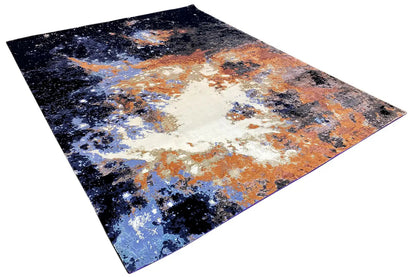 Designer rug with abstract pattern, brown-orange accents on dark blue
