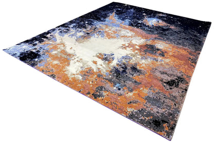 Designer rug, abstract design in black, blue, and orange, rectangular