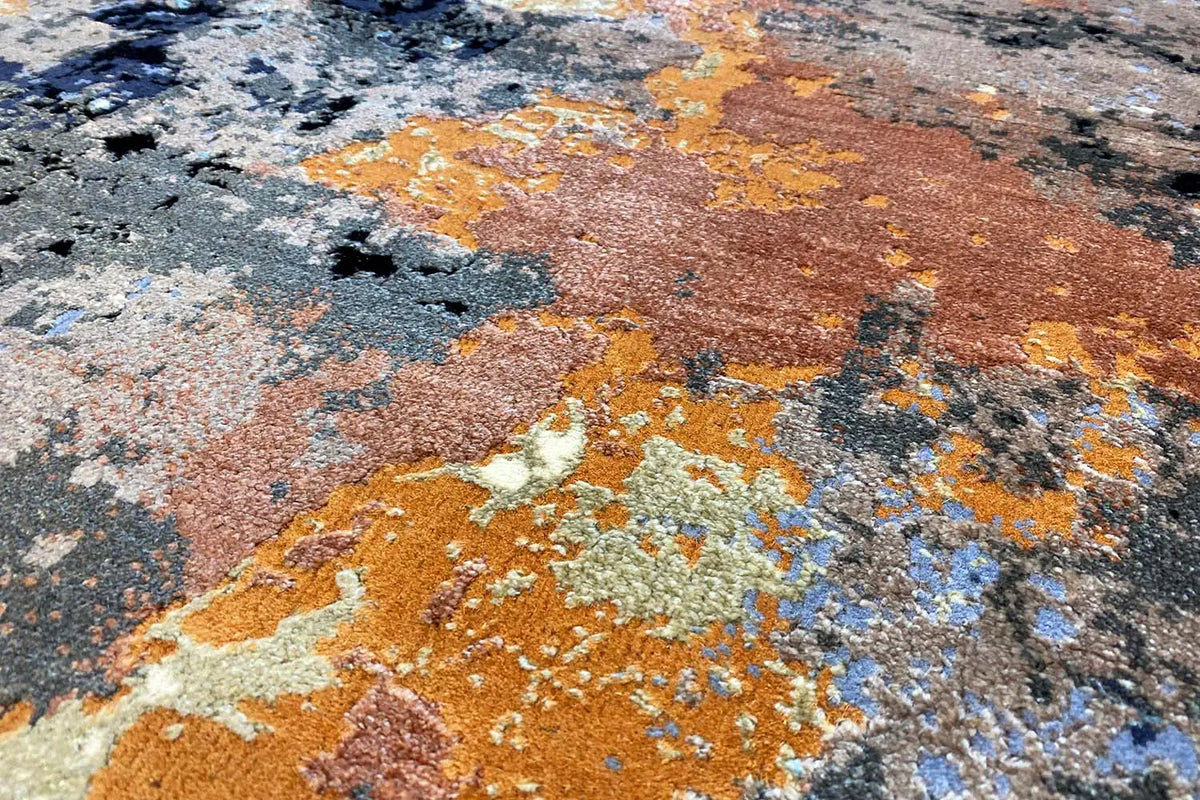 Designer rug, abstract all-over pattern in gray, blue, brown, and orange