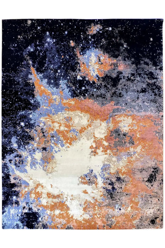 Designer rug with an abstract color gradient in dark blue, orange, and white