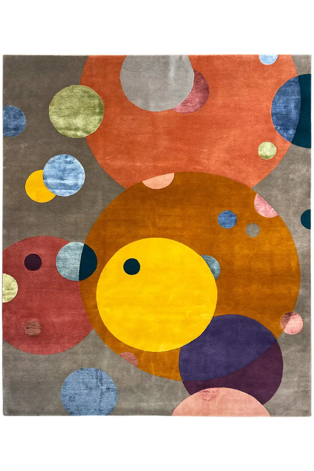 Rug with a colorful circular dot pattern on a gray background, square