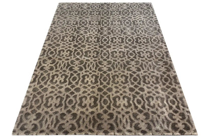 Rectangular designer rug with an animal print in taupe, flat-woven