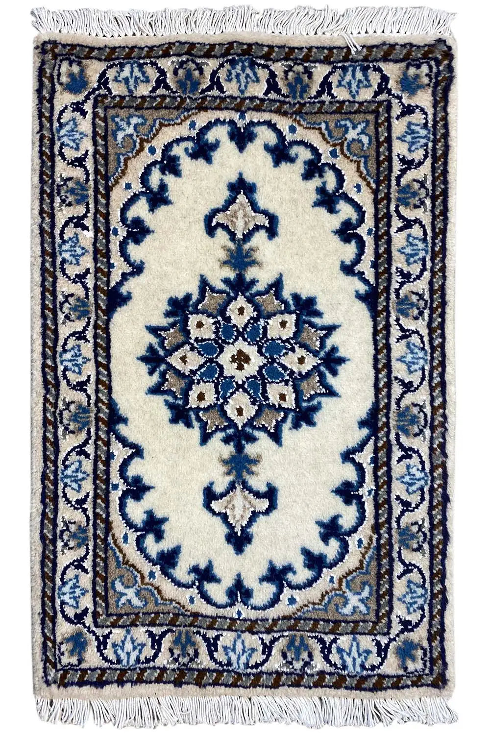 Rug 62x40 cm with blue ornamental pattern and fringes, rectangular