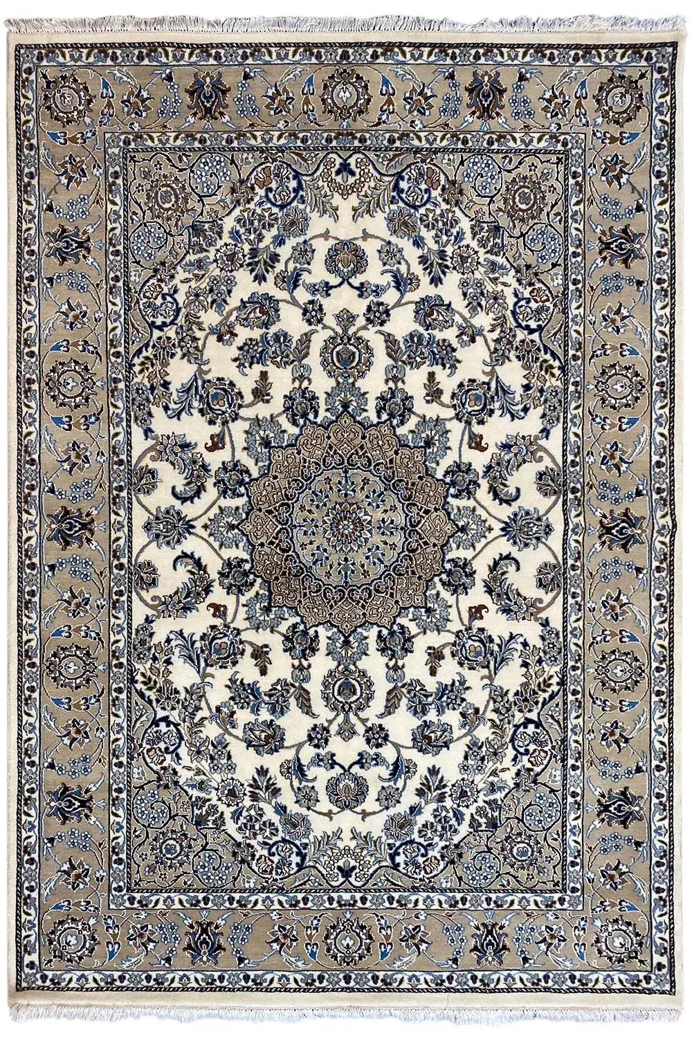 Rug with a cream-colored ground, blue damask ornament, and decorative border