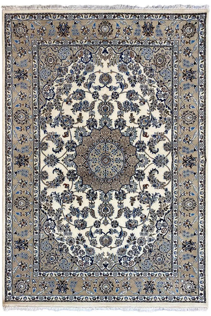 Rug with a cream-colored ground, blue damask ornament, and decorative border