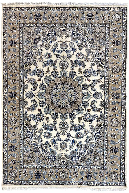 Square-format rug: large blue medallion with tendrils, surrounding decorative border