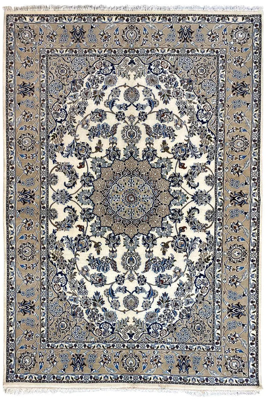 Square-format rug: large blue medallion with tendrils, surrounding decorative border