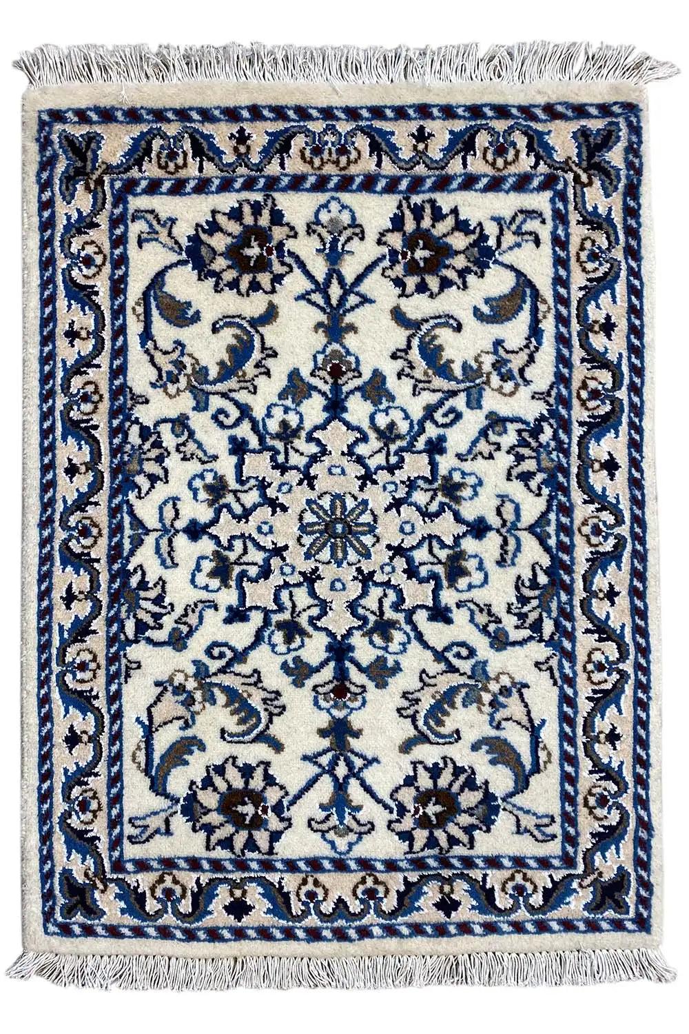 Blue-and-white Nain rug with fringes, rectangular, 85x59 cm, ornamental pattern