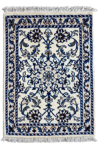 Blue-and-white Nain rug with fringes, rectangular, 85x59 cm, ornamental pattern
