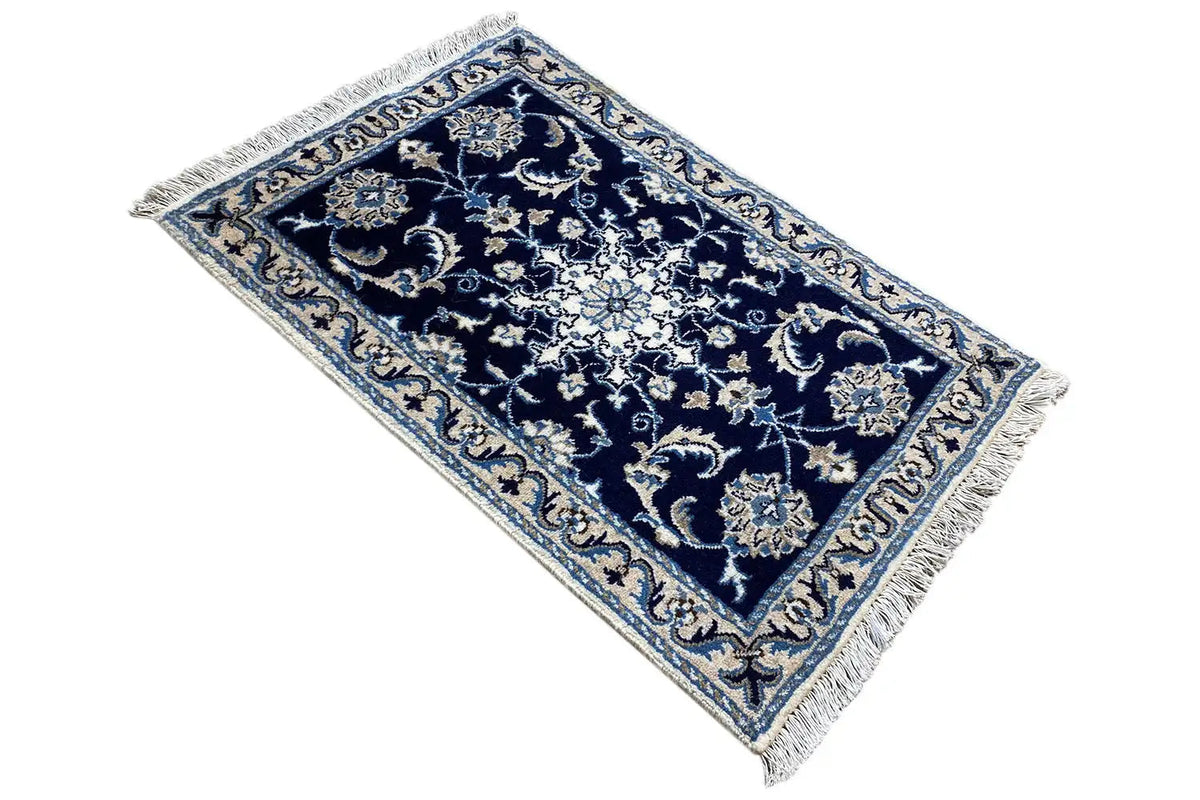 Nain rug, diagonal, dark blue with floral ornaments, light border, fringes
