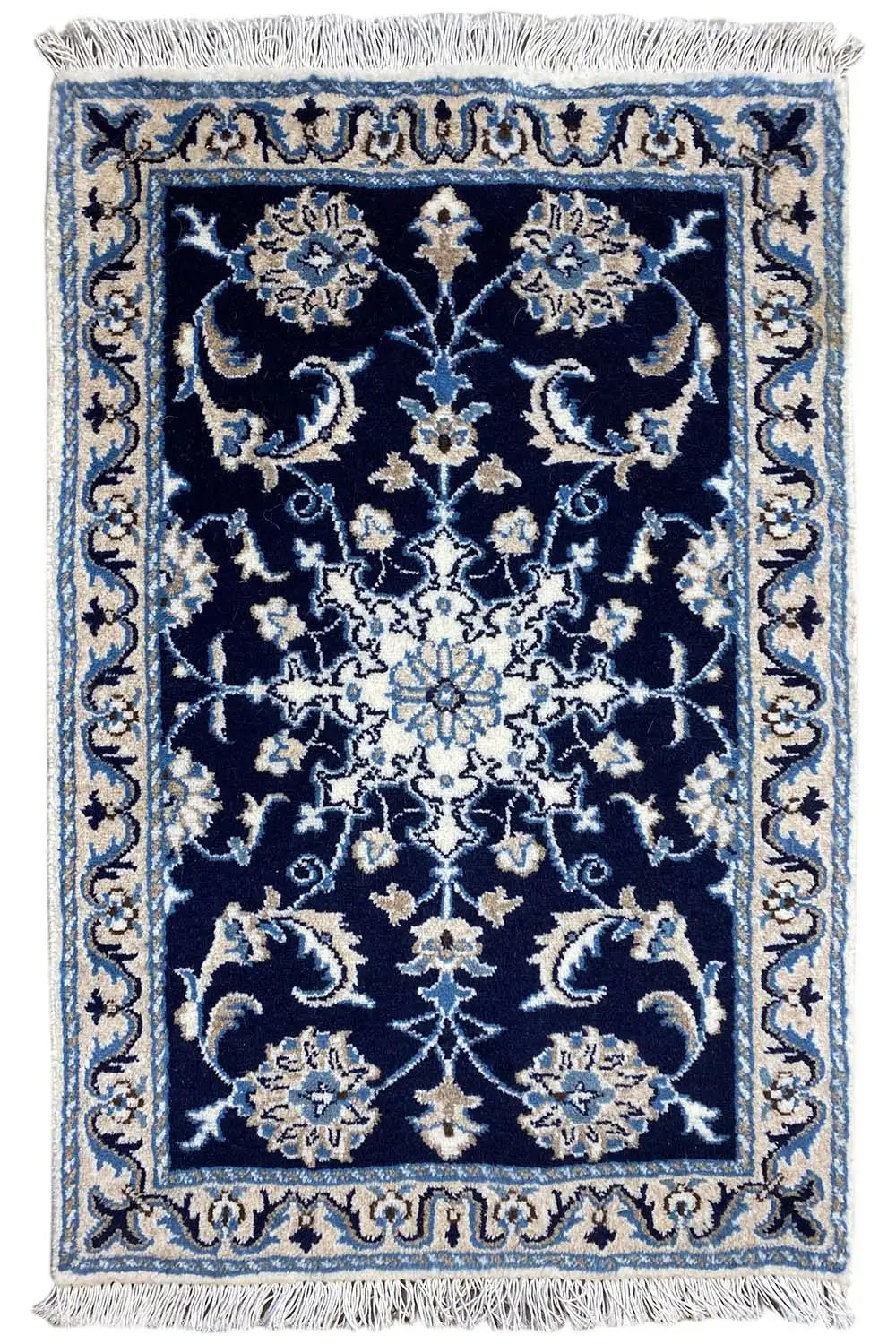 Nain rug, dark blue with light-colored ornaments, fringes along the edges