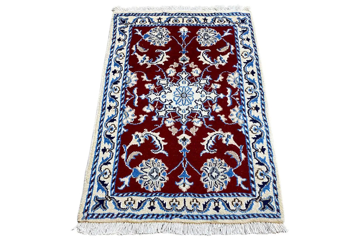 Nain rug 87x59 cm, red pattern with medallions, blue ornamental border and fringes