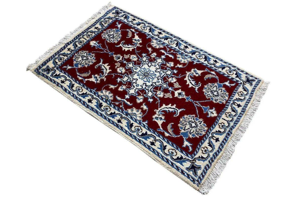 Nain rug 87x59 cm diagonal, red ornamental pattern with silvery white and fringes