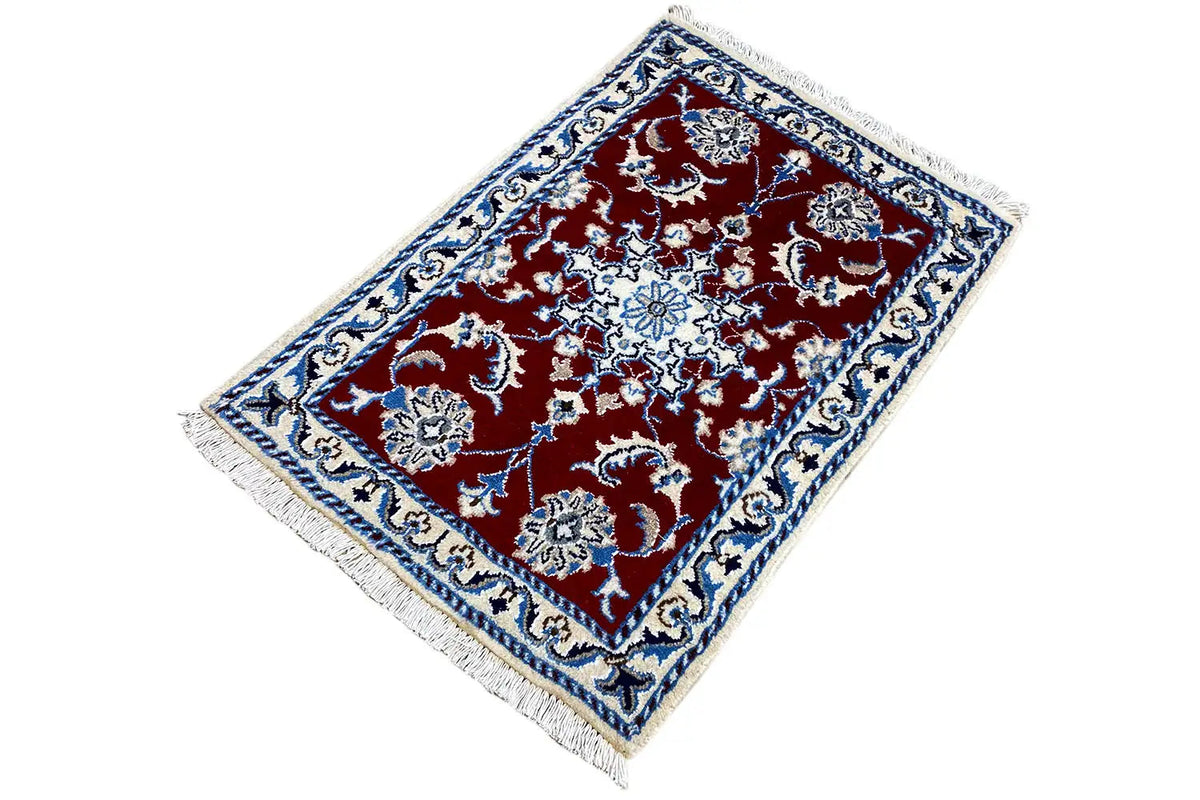 Nain rug 87x59 cm, angled, red field with blue vine border and fringes