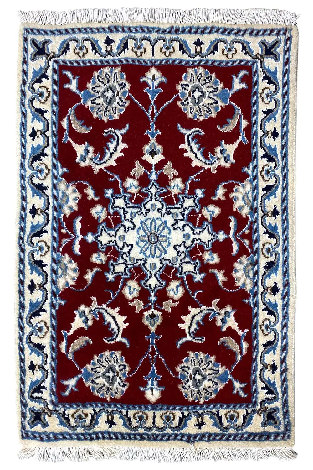 Nain rug 87x59 cm with fringes, red border design in blue and white