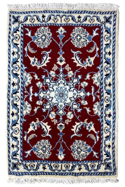 Nain rug 87x59 cm with fringes, red border design in blue and white