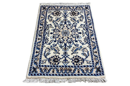 Nain rug 85x60 cm, blue-and-white ornamental pattern, fringes