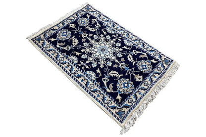 Rug 88x60 cm, dark blue ornamental pattern in beige and light blue, fringes