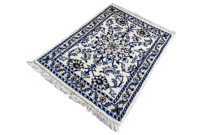 Nain rug 85x60 cm, rectangular, blue-and-white patterned border and fringe