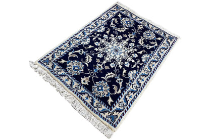 Rug 88x60 cm, dark blue ornamental pattern with fringes on all edges