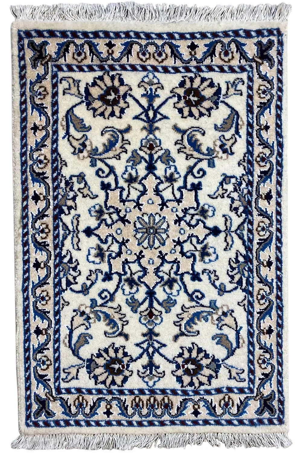 Wool rug 85x60 cm with blue ornamental design and fringes along the edge