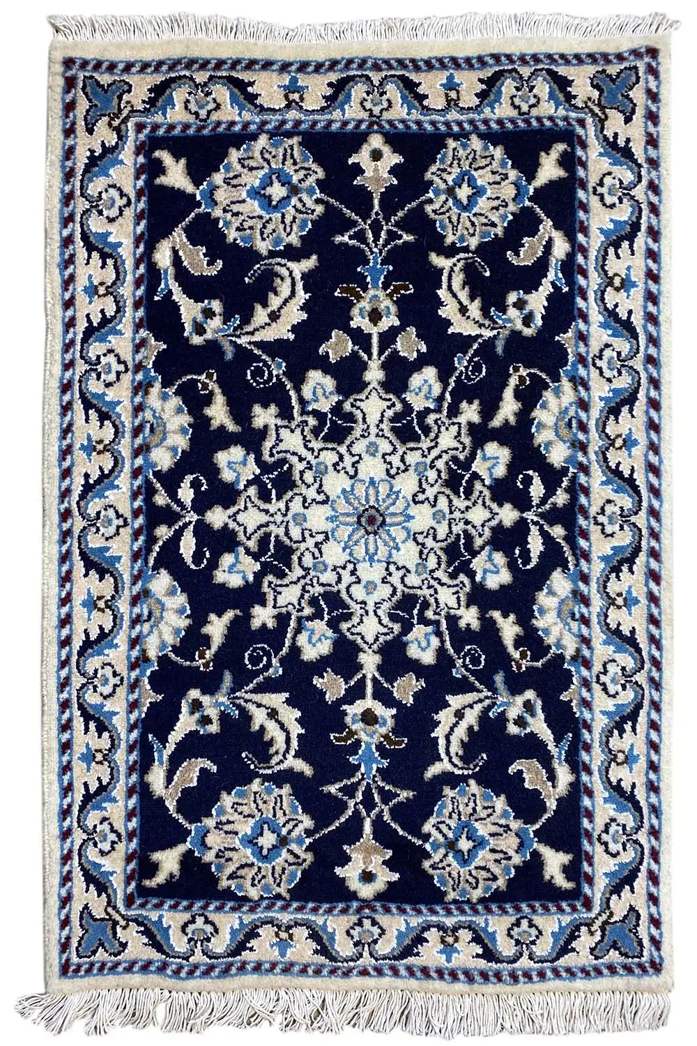 Rug 88x60 cm: dark blue ornamental pattern, light accents, fringe