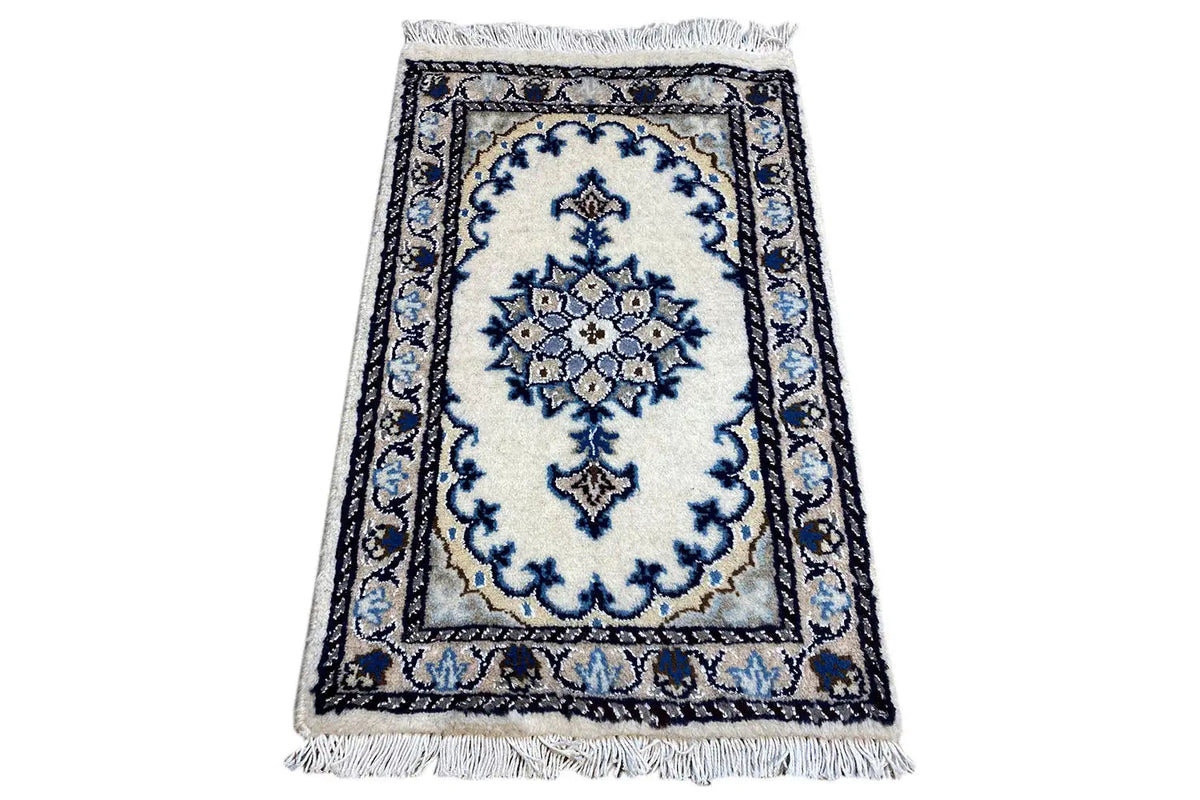 Nain rug 57×37 cm, rectangular, blue and white, with fringes along the edge