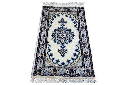 Nain rug 57×37 cm, rectangular, blue and white, with fringes along the edge