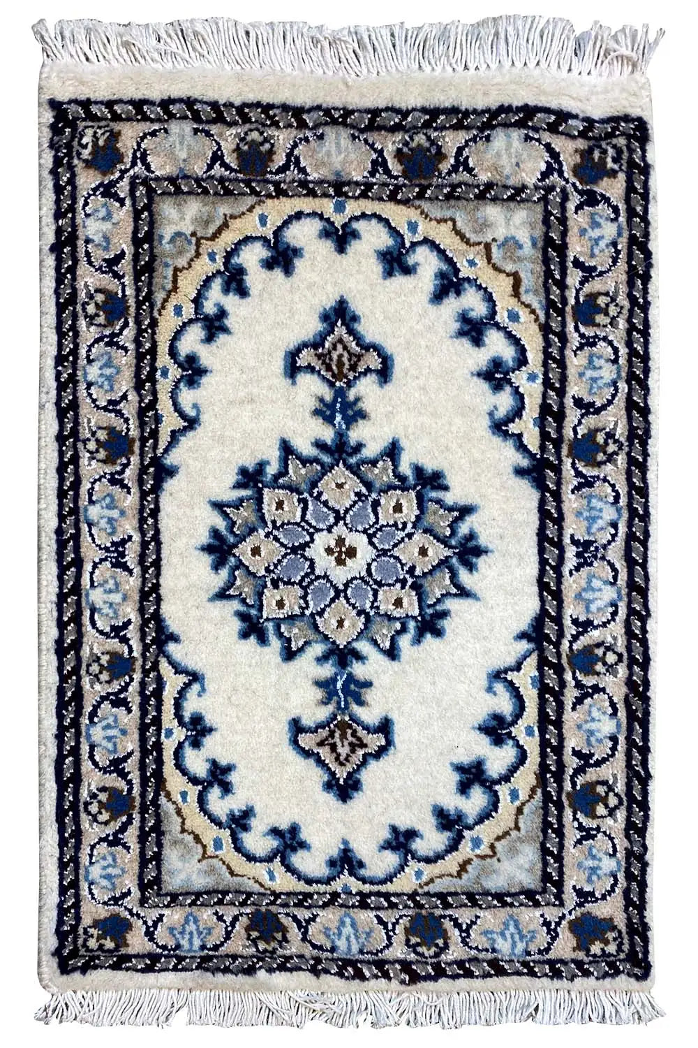 Nain rug 57×37 cm with a blue-and-white ornamental pattern and fringes