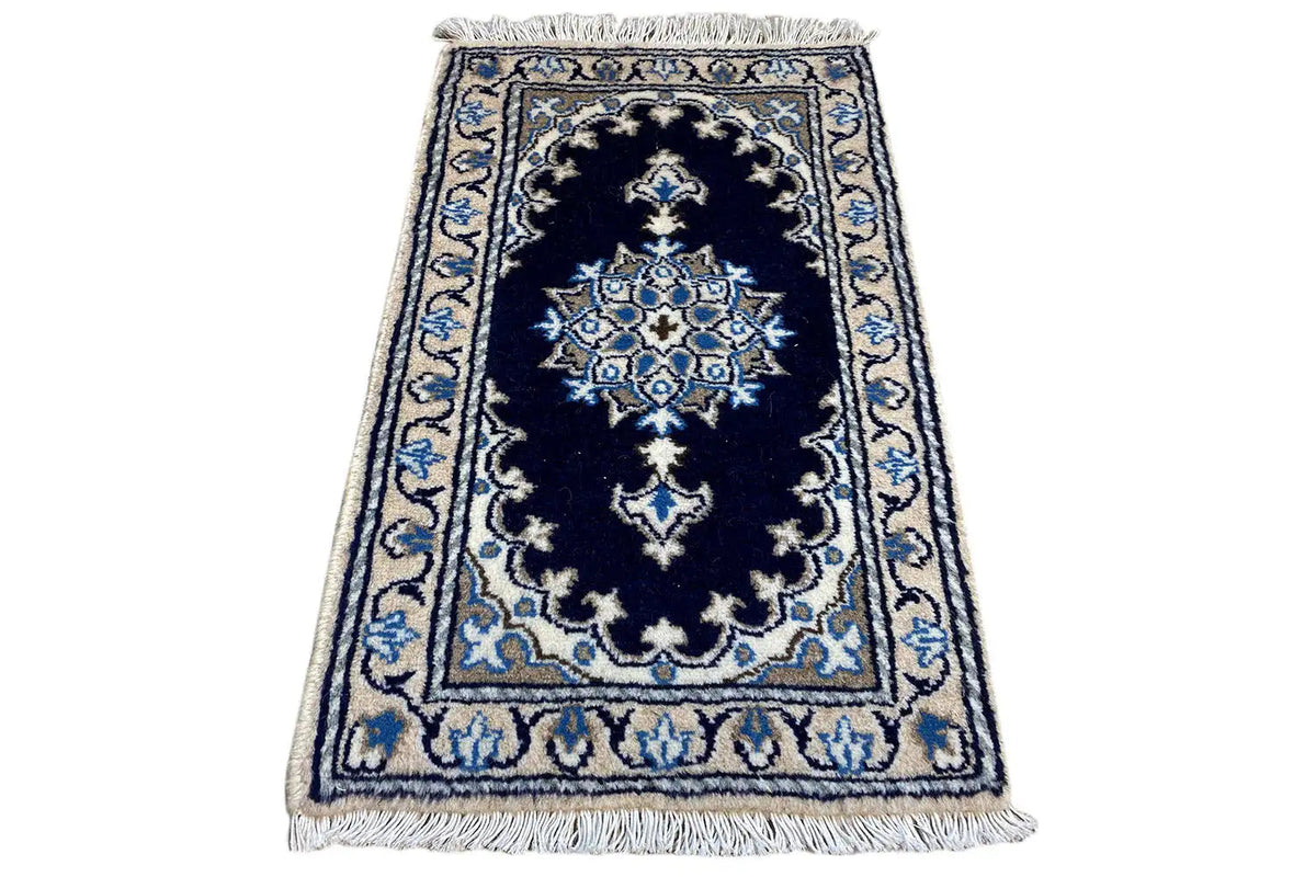 Nain rug 64x39 cm, dark blue with a central medallion and light blue borders