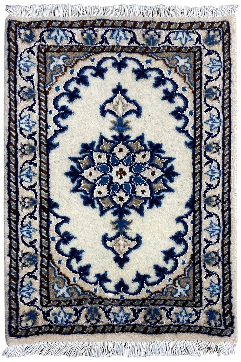 Rectangular Nain rug 61x40 cm with blue medallion and fringe