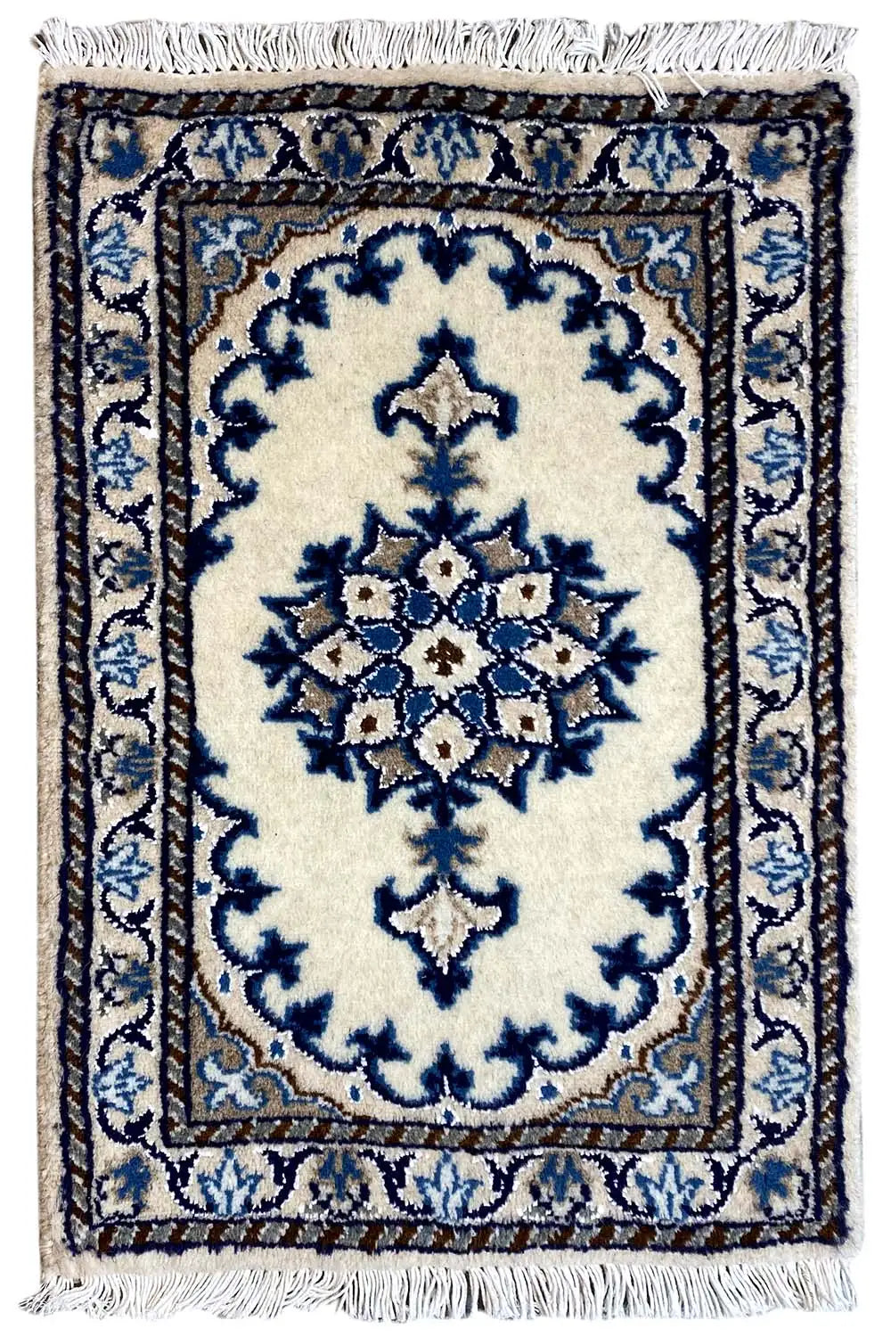 Oriental rug 65x38 cm with a blue ornamental pattern on a light background and fringes