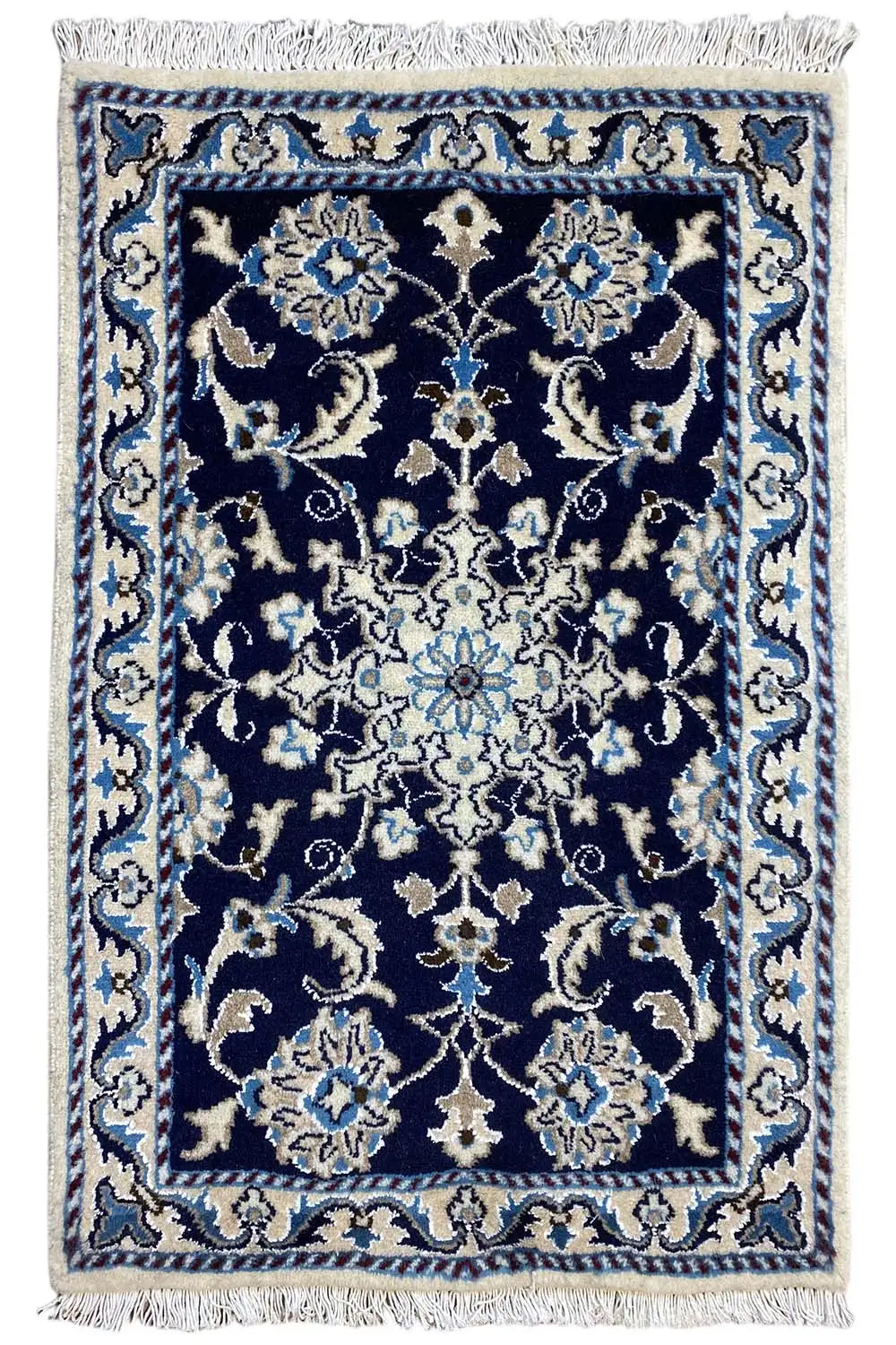 Rug 88x59 cm with a blue background and gold/white ornaments, with fringes