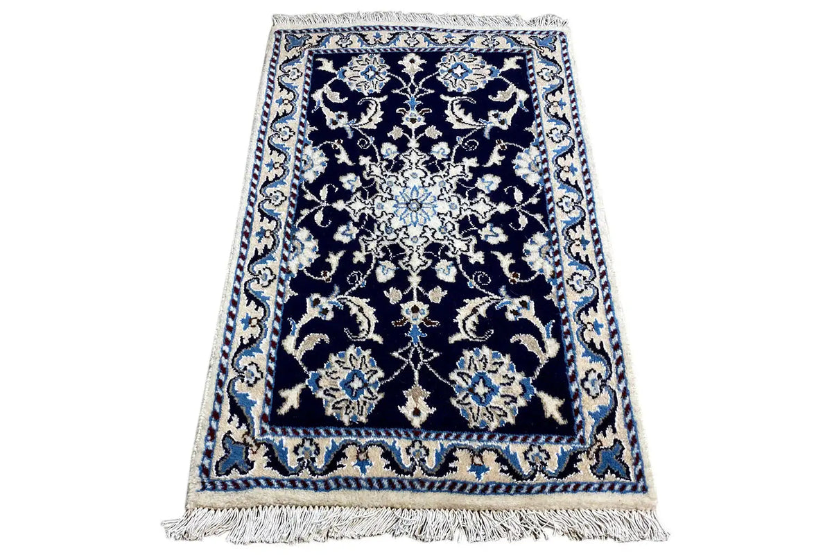 Nain rug 90x59 cm with dark blue baroque pattern and fringe