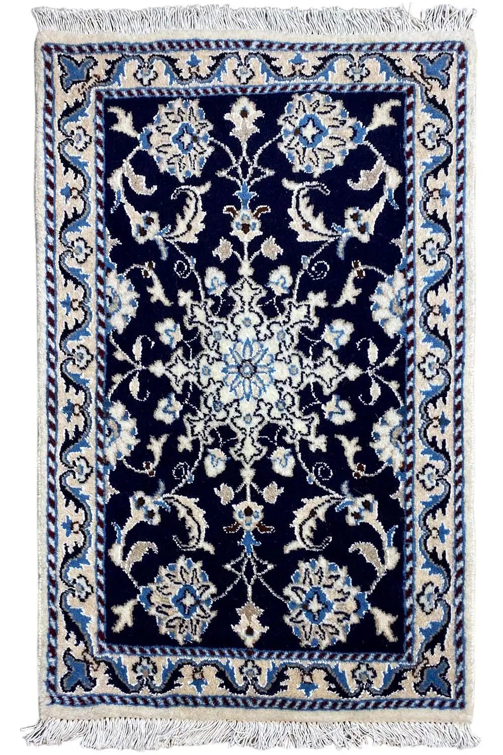 Nain rug 90x59 cm with blue pattern, fringes along the edges