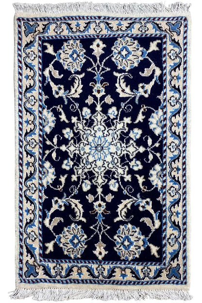 Nain rug 90x59 cm with blue pattern, fringes along the edges