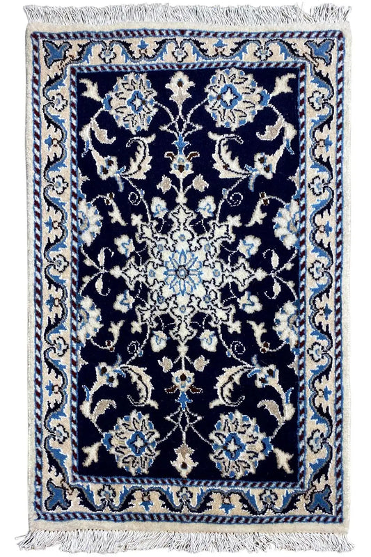 Nain rug 90x59 cm with blue pattern, fringes along the edges
