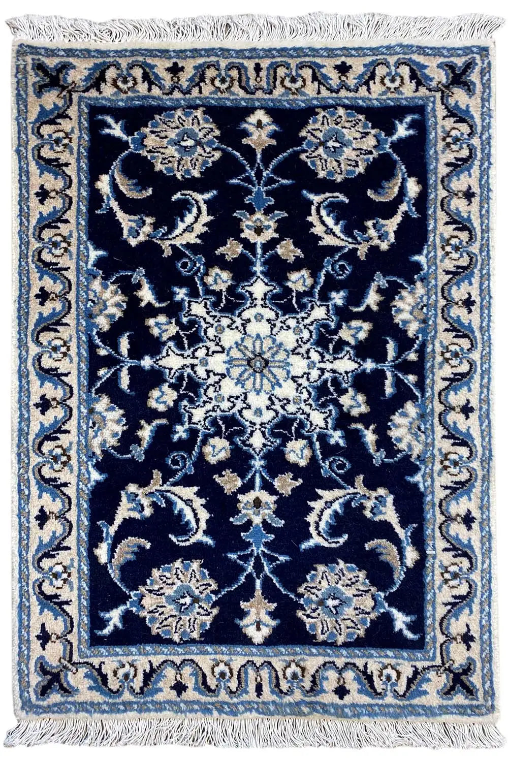 Blue oriental rug with fringes, drawn ornamental pattern in beige and light blue
