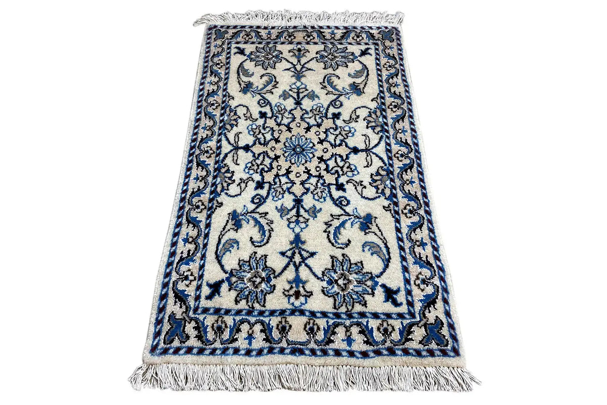 Nain rug (93x56 cm), blue-and-white borders, rectangular, with fringes