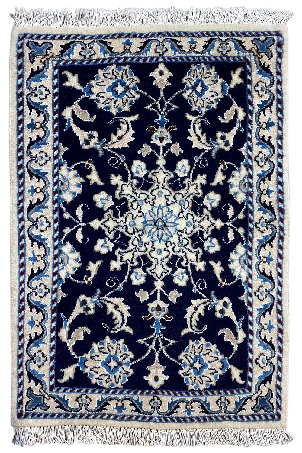 Nain rug 90x61 cm with fringes, dark blue pattern in beige and light blue