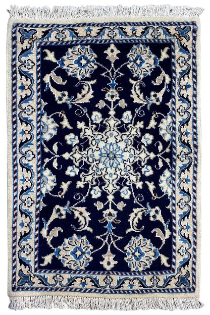 Nain rug 90x61 cm with fringes, dark blue pattern in beige and light blue