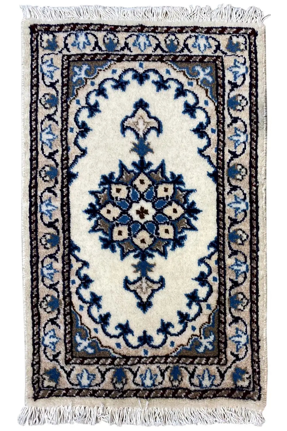 Nain rug 65x39 cm: white background, blue ornaments, fringes