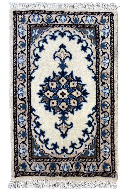 Nain rug 65x39 cm: white background, blue ornaments, fringes